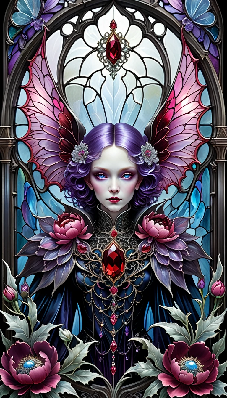triadic colors, cinematic, official art, close fairytale transparent glass vampire ruby peony flowers, ice hoarfrost, baroque, Craola, highly detailed stained glass wings, amethyst crystals, labradorite iridescent crystals, Andy Kehoe, John Blanche, complex highly detailed background, child book detailed illustration, fantasy, filigree, filigree detailed, intricated, cute
