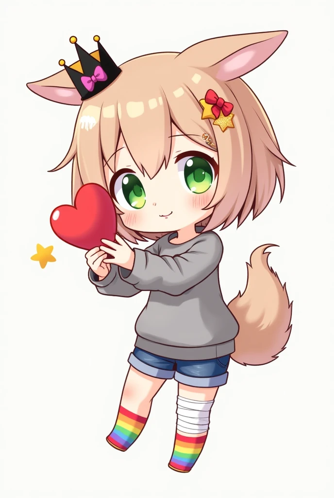 Gacha Chibi full body, , . gray sweater, short jeans shorts, rainbow socks, pink dyes, bandages on the legs, angel wings, a small fluffy brown tail, green eyes, a very large red heart hairpin. Golden star hairpin, cute. small black crown, with a huge pink bow, lots of cute stickers, BROWN LONG HAIR