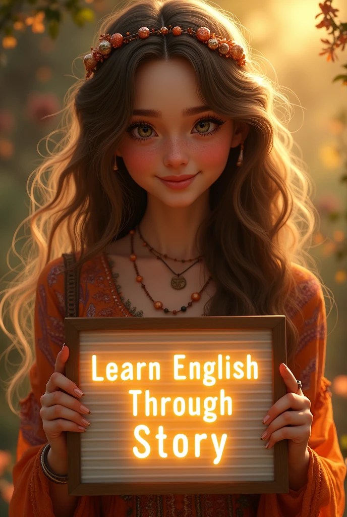 Beautiful girl with heart-warming smile and wavy long hair, bohemian dress, holding a white board with text "learn English Through Story" and showing it to the viewer, the board is glowing with a the text,Different quality girl.