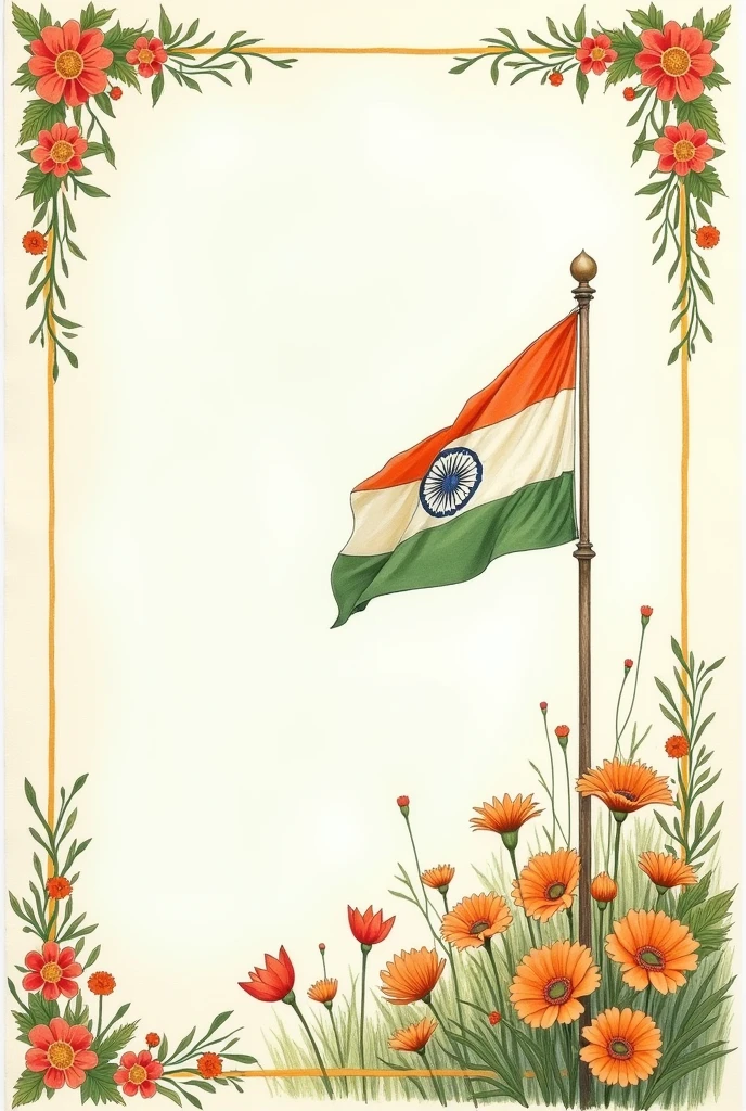 Indian independence day sketch with some unique flowers at borders depicting Indian freedom struggle