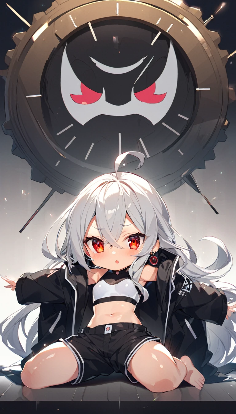 nsfw:1.9、4K((Great anime))((masterpiece)) (high quality) (detailed: 1.9) (Perfect Face) (detailedな髪) (Shiny Hair: 1.9) (Glowing Skin) ((cute))((One beautiful girl))((cute))(Short:1.9)(Thin waist:1.9)((((10 year old beautiful girl))))(((boyish)))((Pettanko's chest))((long hair))((Silver Hair))(One strand of black hair)Red Eyes、ear、Earrings、((whole body))((Black oversized coat))(((Long sleeves:1.9)))(((Moe sleeves:1.9)))((Compression Sports Bra))((((Hide your face with a hood:1.9))))Confused eyes、((Crotch visible through gap in bottom:1.4))((((Sit with your legs apart, exposing your inner thighs:1.9))))((Deep slit))((((Crotch dimples:1.9))))Steampunk World、((gear))clock、Slam、(((Oversized leather shorts)))((Low rise))barefoot、Raise your arms、