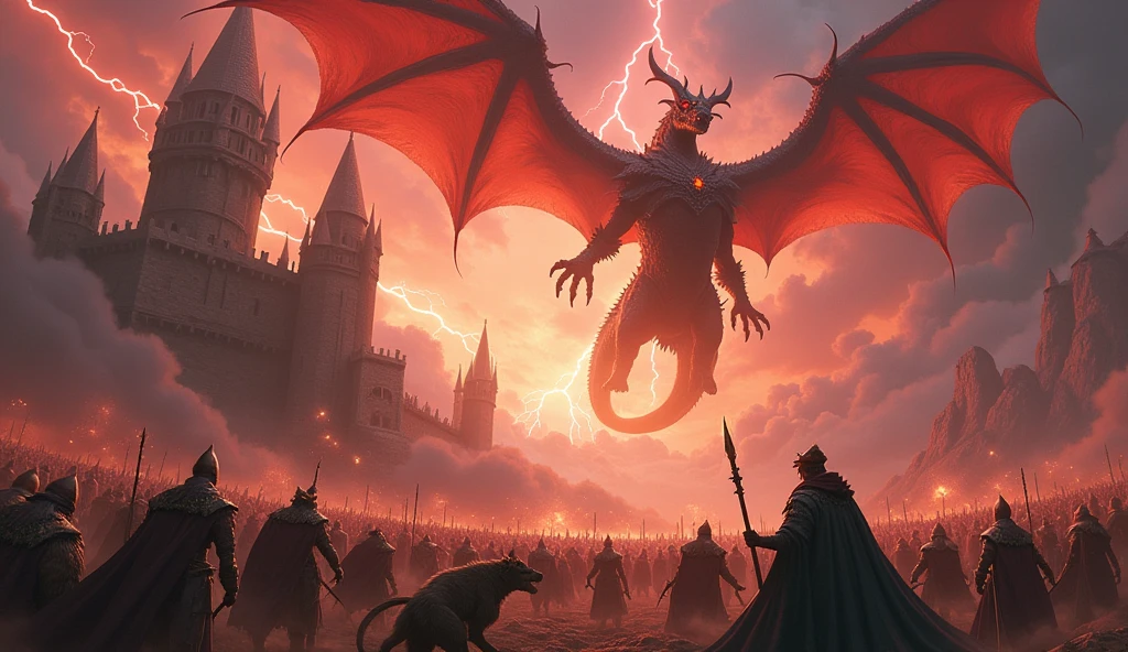 In a vast expanse of red clouds，A huge three-headed dragon hovers in the storm clouds，The flapping of its wings creates waves of heat。In the background is an old wizard&#39;s castle that is crumbling.，The castle&#39;s stone tower is entwined with green vines，As if trying to maintain the last bit of life。Lightning and thunder in the sky，A flash of lightning split the sky，Illuminating the battlefield on the ground。

On the battlefield，Thousands of warriors in shining armor，Holding a variety of radiant magic weapons，Fighting a huge army of dark creatures。These creatures are of various shapes and forms，Some are like wolves，Some walk upright like humans.，But all covered with shocking black fog。

In the center of the battlefield，A magnificent wizard king holds an ancient wand inlaid with brilliant gems，It is using it to summon a powerful storm to push back the enemy.。Beside the Wizard King，was his loyal protector and advisor—a tall，Female elf wearing a gorgeous cloak，She is shooting silver arrows from her bow，Pierce the dark creatures that come to invade。

In this various forces，Another team consists of mysterious walkers、An alliance of dwarven craftsmen and flying elves，They are carrying a mysterious magic box and slowly advancing towards the center of the battlefield.。This box is said to contain the power of salvation，Can end this war that has lasted for a thousand years。

Every corner of the screen is filled with fierce fighting scenes，Mysterious magical elements and an epic storyline，It forms a dreamy and spectacular magical epic scene.。