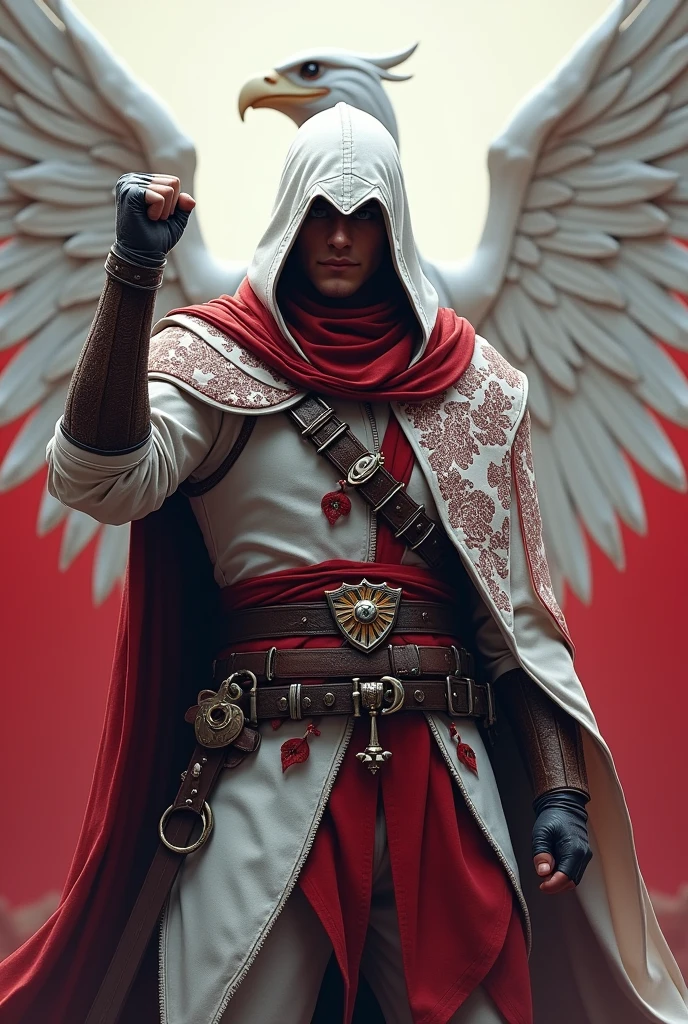(photorealism:1.2), Man in white and red outfit, with a hood, Polish white eagle in the background, face covered by a scarf, sabre in a scabbard, raised fist