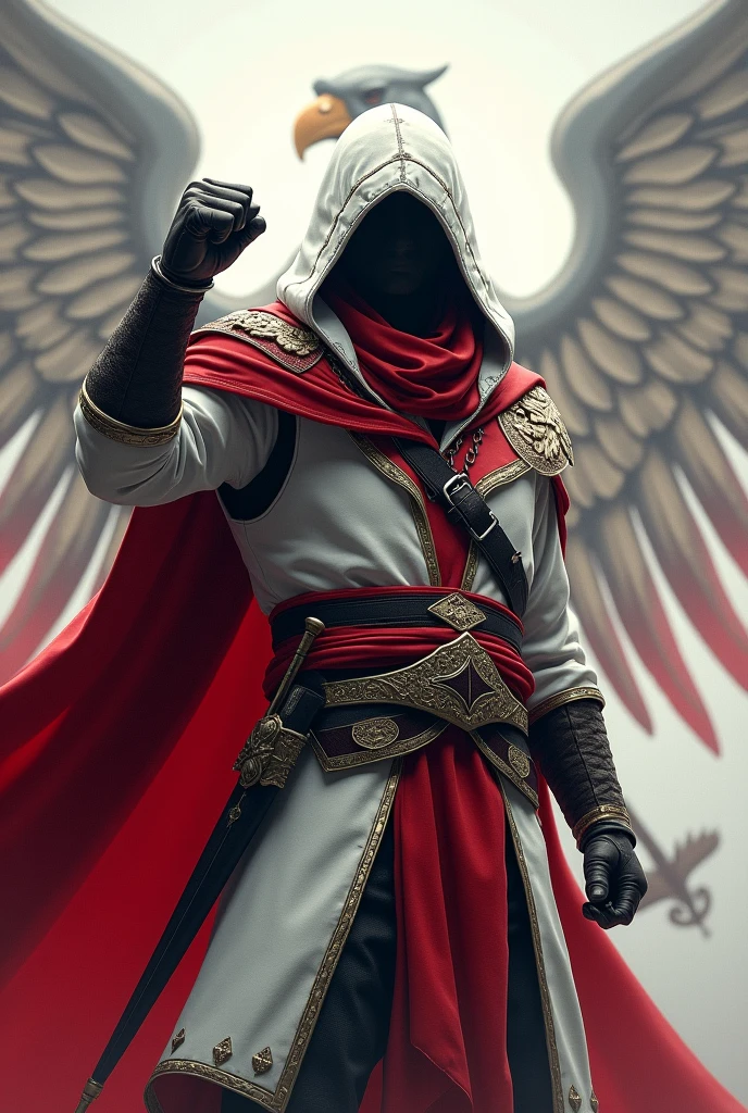 (photorealism:1.2), Man in white and red outfit, with a hood, Polish white eagle in the background, face covered by a scarf, sabre in a scabbard, raised fist