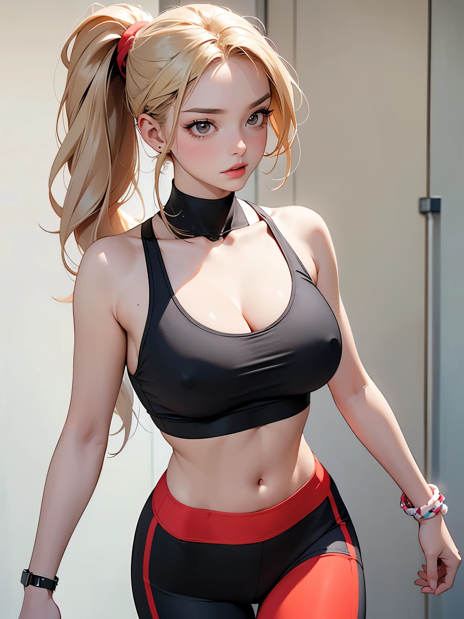 A fit young woman in her 20s wearing a bright red sports bra and black leggings. She has long, straight blonde hair tied in a high ponytail. Her expression is determined, huge boobs,she is walking. 정면을 응시한다