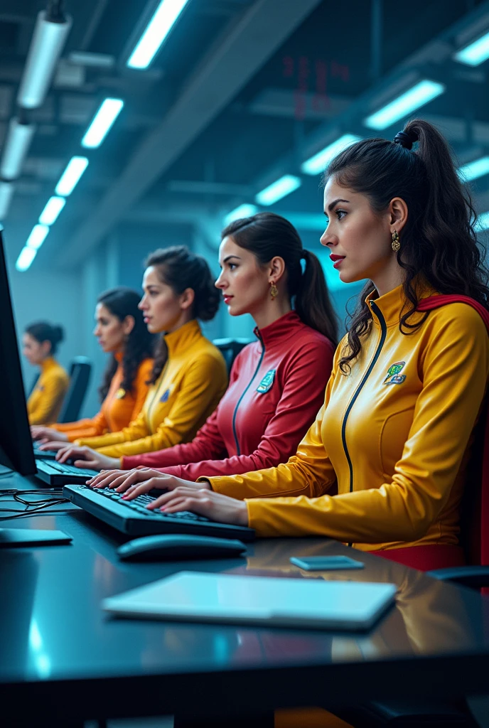 Imagine 5 women cybersecurity analysts but are wearing superhero uniform In front of computers