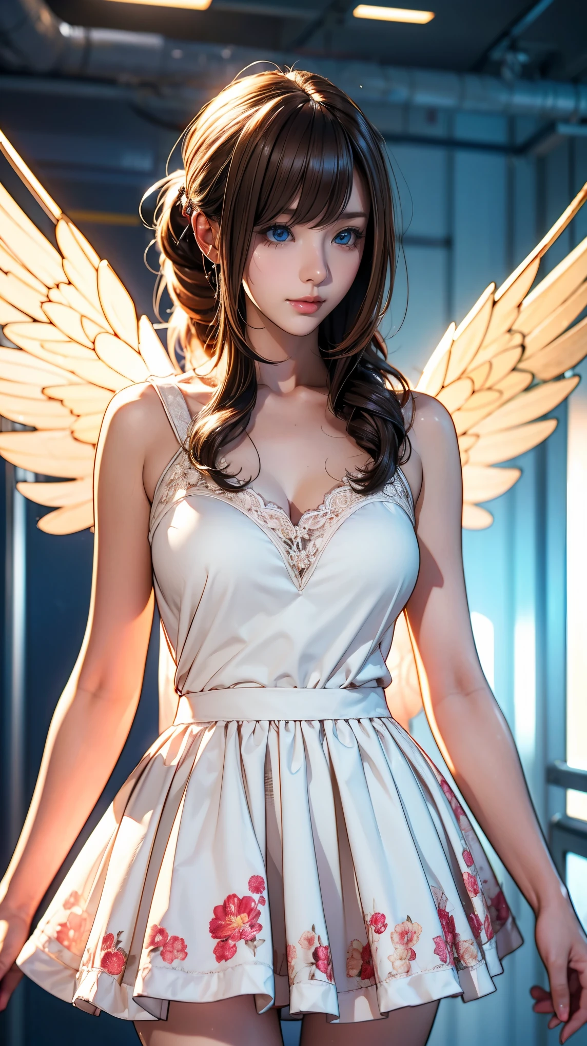 High resolution, Highest quality, masterpiece, 超High resolution, 超High resolution, Ultra-realistic, 3d, anime, figure, alone, A very beautiful and cute woman in her 20s, She was wearing a pale white floral mini-skirt dress.、Flapping its wings, Her hair is moving, whole body, Amazing perfect proportions, Shiny light brown medium length hair, High Layer Cut, Mallet Hairstyles, Bright Blue Eyes, Happy, shy