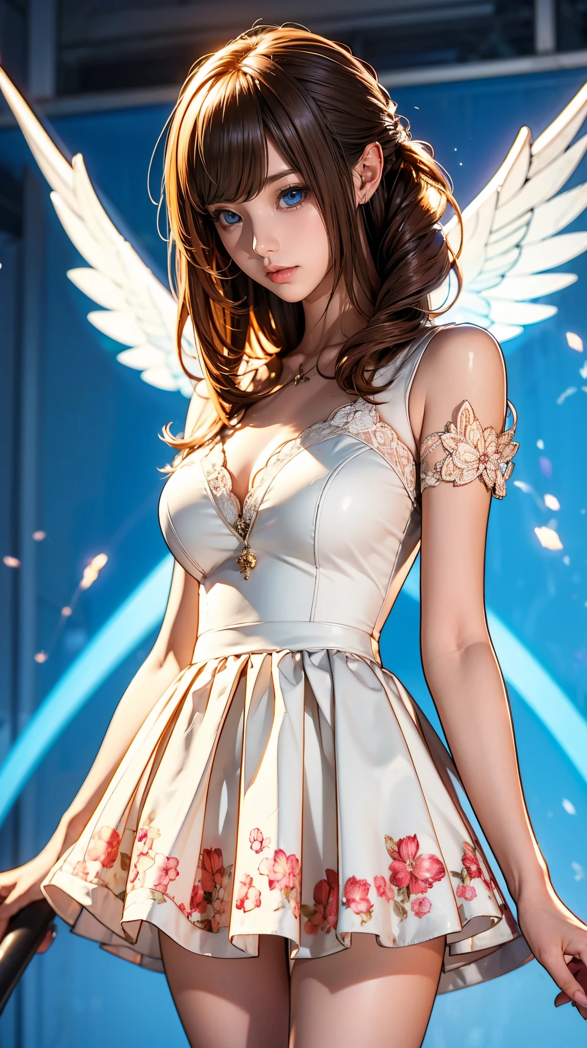 High resolution, Highest quality, masterpiece, 超High resolution, 超High resolution, Ultra-realistic, 3d, anime, figure, alone, A very beautiful and cute woman in her 20s, She was wearing a pale white floral mini-skirt dress.、Flapping its wings, Her hair is moving, whole body, Amazing perfect proportions, Shiny light brown medium length hair, High Layer Cut, Mallet Hairstyles, Bright Blue Eyes, Happy, shy