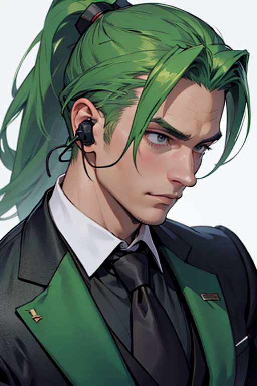 Green Hair、ponytail、Man wearing headphones、Black suit、Medieval European aristocratic necktie