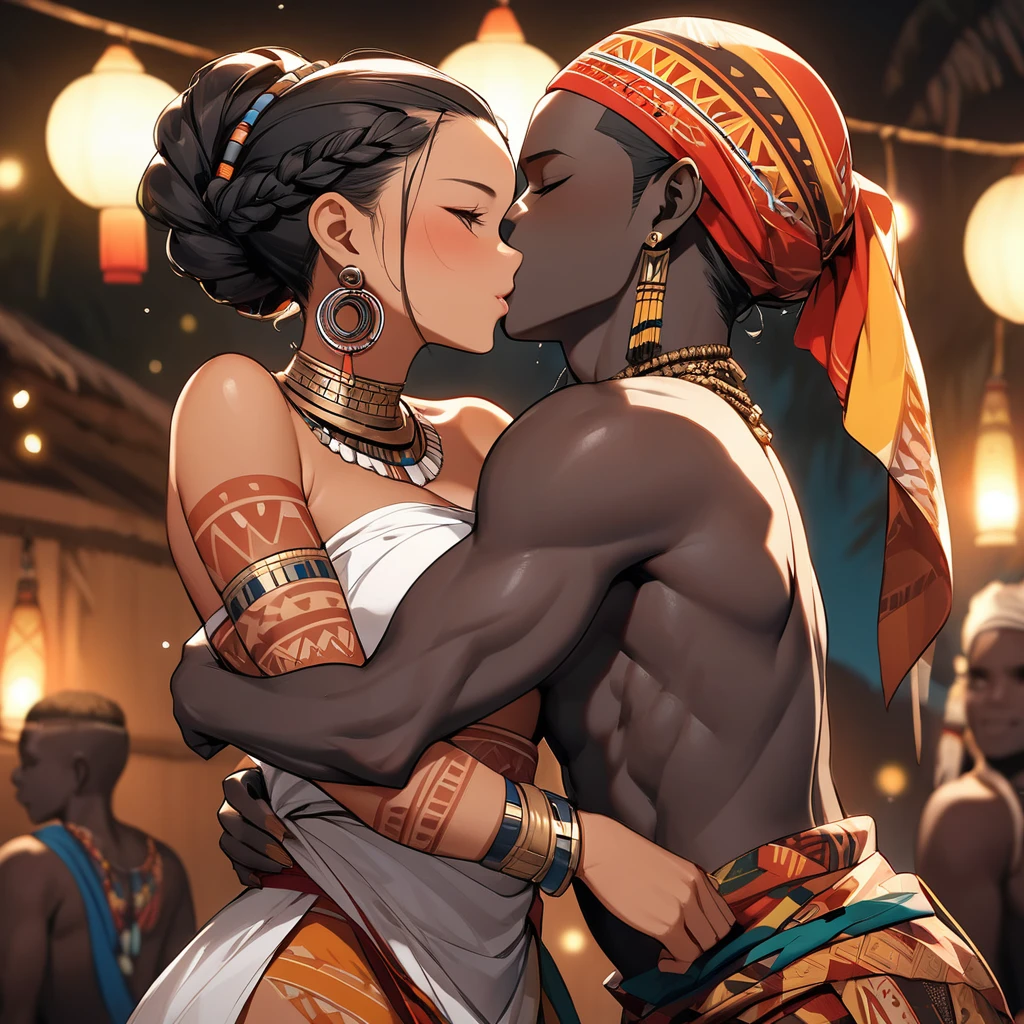 ((Highest quality)), ((masterpiece)), (detailed), （Perfect Face）、The woman is wearing the tribe's bridal attire, embracing the tribal man tightly, sharing a deep kiss, expressing their love for each other, and celebrating their wedding.、The woman has bright black skin、（Ghana braids with strong curly hair slicked back）、Black, dark skinned, African native tribal woman、The amount of hair is small、Black Hair、Very short curly hair、Ghana braid hair, finely and delicately braided into Ghana braids and slicked back、Her hair is braided and thin, and she wears a tribal headdress and a tribal headscarf.、African black woman beautifully dressed in tribal clothing, tribal earrings and tribal accessories, wearing tribal makeup、A beautiful tribal woman with tattoos all over her body、Women in tribal village night rituals、The woman&#39;s hair is dyed black by the other women in the village and styled like an African woman&#39;s.