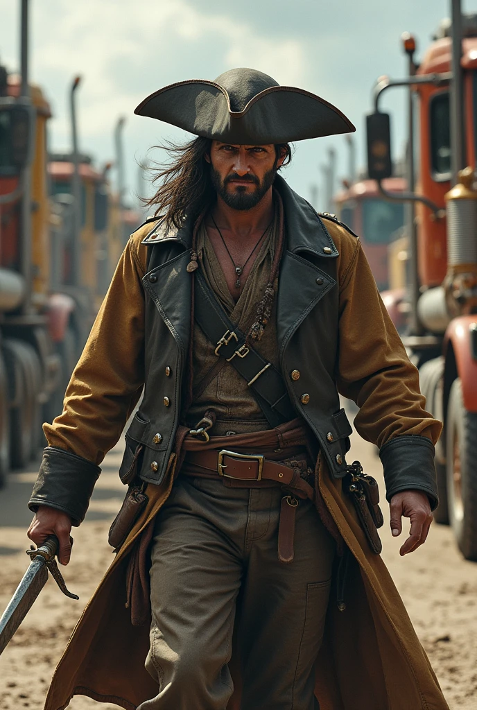 A pirate and trucks 
