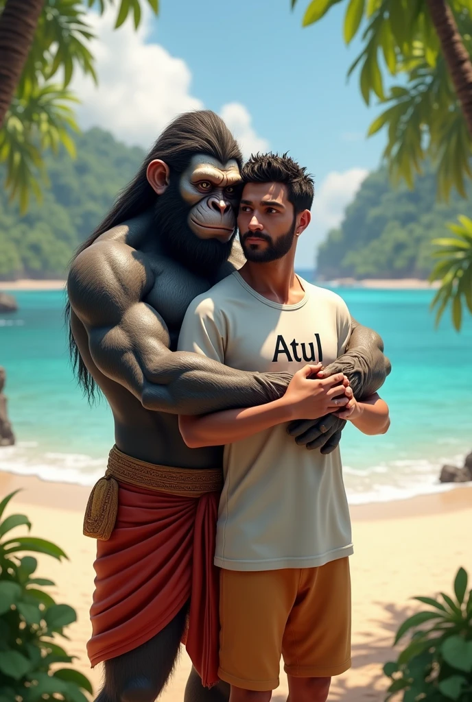 Realastic Lord hanuman hug A 30 year old man and man wear a white t-shirt "Atul" name print on white t-shirt, island background realistic pic 3D