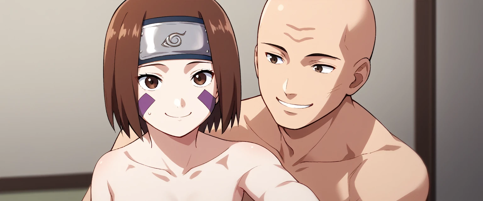 BREAK, source_anime,
upper body, 1 young girl, nohara rin, brown hair, short hair, brown eyes, smaller girl, naked, facial markings, forehead protector, beautiful legs, beautiful body, naked, konohagakure background, smile, BREAK 1boy, white skin, netorare, taking a selfie, hug, taller male, bigger male, adult male, bald male, bald boy