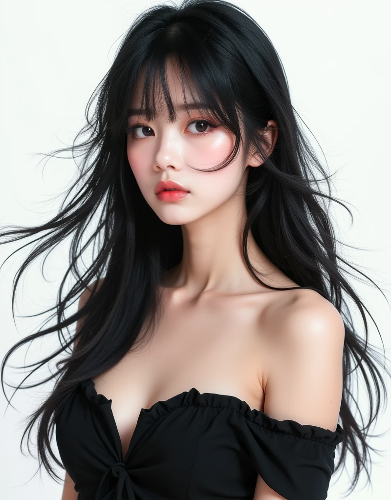 (A hyper-realistic)、(illustratio)、(hight resolution)、(8K)、(ighly detailed)、(Best Illustration)、(beautifully detailed eyes)、(top-quality)、(ultra-detailliert)、(masterpiece)、(wall-paper)、(A detailed face)、独奏、1 girl in、looking at viewert、fine detailed、A detailed face、in the darkness nigth、deep-shadows、lowkey、pureerosfaceace_v1、A smile、long、Black shawl straight hair、46-point diagonal bangs、Colossal tits、constricted hips、
