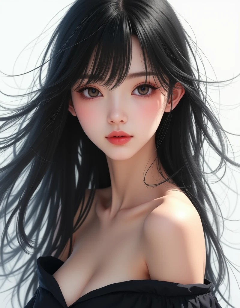 real photograph, (masterpiece), (highest quality), (Super detailed), (messy hair), (shape), (one japanese girl), (fashionable off shoulder dress), Are standing, Fashion Model, (interview), (simple white background), fine and beautiful eyes, delicate beautiful face, floating, (high color saturation), focus on face, ponytail, black hair, bangs,floating Hairs, (shining), best writing, best shadow,stylish living room