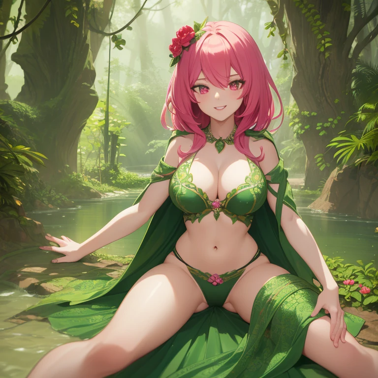 anime-style Plant Girl with a Vibrant Green Skin, Pink Hair cascading like blossoms, Leaves visibly adorning her body, Exuding an Extremely Sexy allure, Beautiful Character with captivating Red eyes, and a smile that could mesmerize a thousand hearts. This captivating artwork, a masterpiece in anime aesthetics, showcases high-definition details, from her anatomically correct features to the intricate patterns of leaves along her body. The red irises of her eyes, glowing with an otherworldly charm, add a touch of mystery to her enchanting smile. This beautiful character, bathed in a soft, cinematic light,