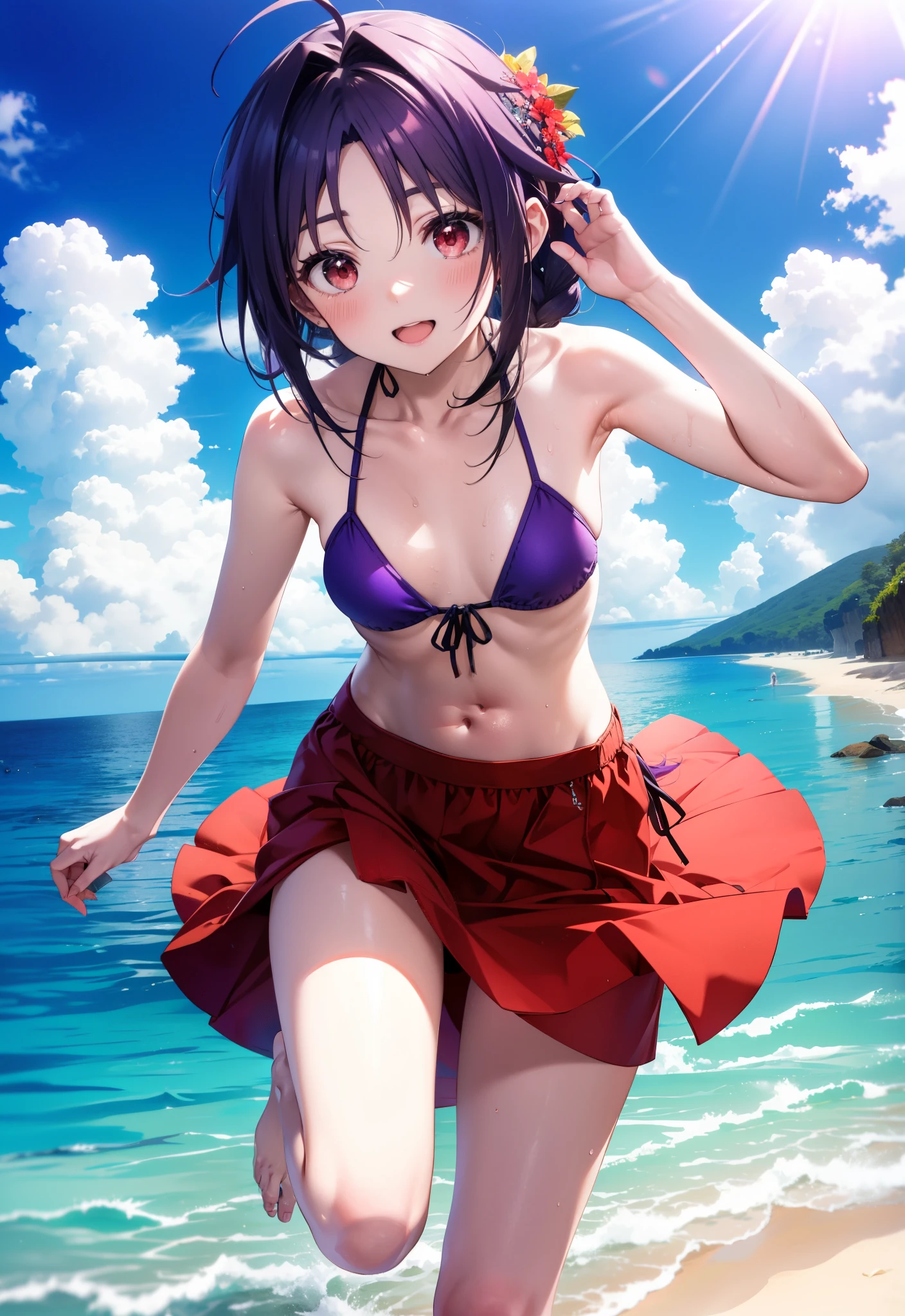 yuukikonno, Yuuki Konno, hair band, Ahoge,Long, thick braids, Pointed Ears, Purple Hair, (Red eyes:1.5), (Small breasts:1.2), smile,blush,Open your mouth,Purple bikini string swimsuit,Pareo Swimsuit,Belly button,A thin long skirt tied around her waist,barefoot,Water Play,Daytime,Clear skies,True Summer,whole bodyがイラストに入るように,Sandy Beachを散歩している,
break looking at viewer, whole body,  (Cowboy Shot:1. 5),
break outdoors, Beach,Sandy Beach,
break (masterpiece:1.2), Highest quality, High resolution, unity 8k wallpaper, (figure:0.8), (Beautiful attention to detail:1.6), Highly detailed face, Perfect lighting, Highly detailed CG, (Perfect hands, Perfect Anatomy),