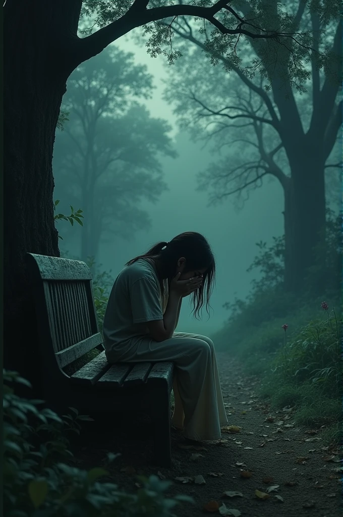 One girl sitting on the bench and crying... And the nature is full of dark