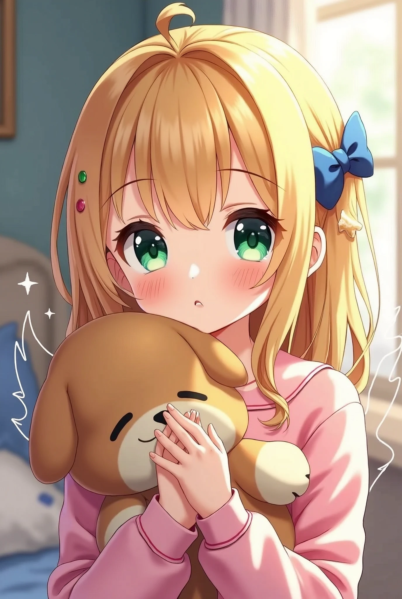 (8k, RAW photo, best quality, masterpiece, highres, absurdres, ultra detailed:1.3), (Photography, realistic, photo-realistic:1.4), (beautiful natural lighting, beautiful deatailed shadow, beautiful detailed glow :1.4), atmospheric,
BREAK, 1 beautiful girl, girl, (cute:1.5),(chibi:0.5),(cute:2.0),(Loli:2.0),( girl),(big breasts:1.65),(chin hair,blonde,blue bow,green eyes,Eyebrows visible through the hair,side lock,long hair with bangs parted, hair flower, hair ornaments, big ribbon in hair, curly hair, ponytail:1.6),:he, white feathers, one thin white wing, Ang he wings, spread,(blushed,:d:1.45) , BREAK
(pajamas, night, bedroom,: 1.35),
BREAK (holding a cute sleeping dog:1.45),
BREAK wakame,wakame,wakame,(cowboy shot,from front above:1.4) BREAK manga illustration.media,manga style,(ultra rich intricately proper sketch+pastel+airbrush+colored pencil:1.1),(ultra highres composition details:1.2), (delicate illustration), (pastelcolor style illustration:0.9), (watercolor style illustration:0.4),