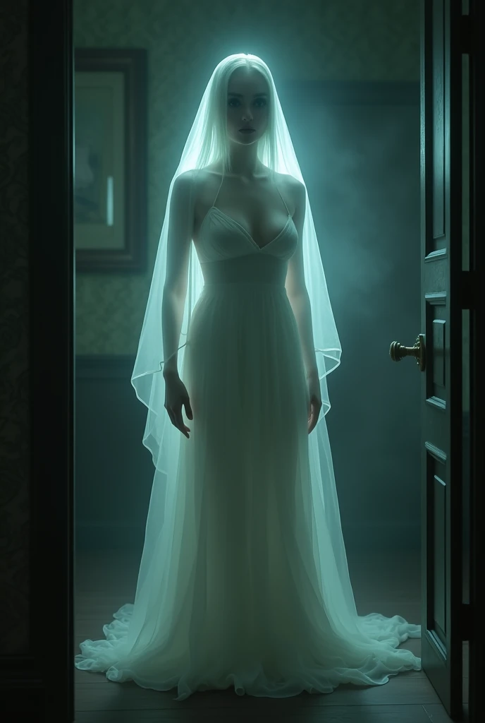 Ghostly Woman:
"A ghostly woman in a flowing white dress, with a blurred and terrifying face, standing in the middle of a dark hotel room. Her presence is cold and menacing, with a faint, ominous glow around her."