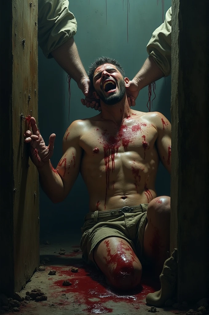 A man (lying on the ground with blood on his body) inside a wooden room in a cold and lonely place (with a campfire) and a wolf accompanying him. Highly detailed skin, 8k, realistic lighting, sharp image, vivid and real colors. (Medieval clothes) (NSFW) --auto --s2