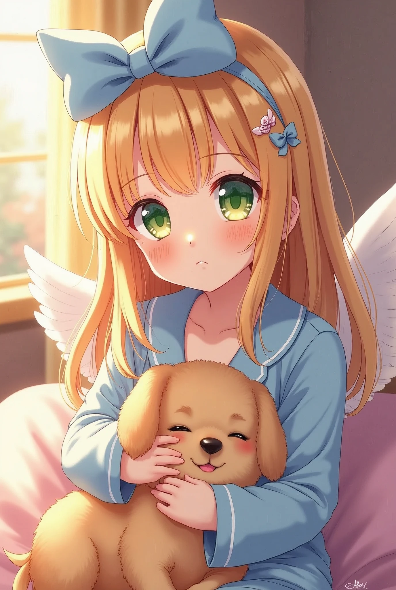 (8k, RAW photo, best quality, masterpiece, highres, absurdres, ultra detailed:1.3), (Photography, realistic, photo-realistic:1.4), (beautiful natural lighting, beautiful deatailed shadow, beautiful detailed glow :1.4), atmospheric,
BREAK, 1 beautiful girl, girl, (cute:1.5),(chibi:0.5),(cute:2.0),(:2.0),(12 year old girl),(big breasts:1.65),(chin hair,blonde,blue bow,green eyes,Eyebrows visible through the hair,side lock,long hair with bangs parted, hair flower, hair ornaments, big ribbon in hair, curly hair, ponytail:1.6),:he, white feathers, one thin white wing, Ang he wings, spread,(blushed,:d:1.45) , BREAK
(pajamas, night, bedroom,: 1.35),
BREAK (holding a cute sleeping dog:1.45),
BREAK wakame,wakame,wakame,(cowboy shot,from front above:1.4) BREAK manga illustration.media,manga style,(ultra rich intricately proper sketch+pastel+airbrush+colored pencil:1.1),(ultra highres composition details:1.2), (delicate illustration), (pastelcolor style illustration:0.9), (watercolor style illustration:0.4),