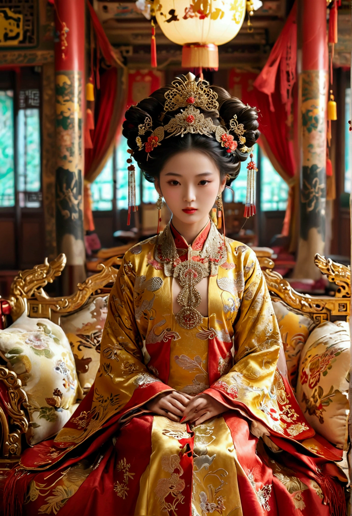 A gorgeous empress from the Chinese imperial court during the Qing Dynasty, fully naked on a large golden sofa, spreading one&#39;s legs open wide with knees bent,creating the shape of the letter M（Porn Pose） A gorgeous Chinese imperial empress with her hair tied on both sides and wearing a crown、Background of kinky and erotic woman tying her hair、The story is set in the luxurious rooms of an empress in the Chinese imperial court during the Qing dynasty.。