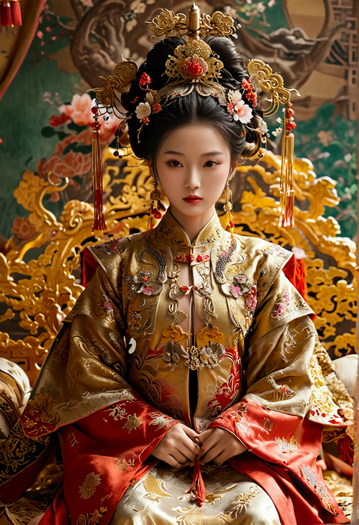 A gorgeous empress from the Chinese imperial court during the Qing Dynasty, fully naked on a large golden sofa, spreading one&#39;s legs open wide with knees bent,creating the shape of the letter M（Porn Pose） A gorgeous Chinese imperial empress with her hair tied on both sides and wearing a crown、Background of kinky and erotic woman tying her hair、The story is set in the luxurious rooms of an empress in the Chinese imperial court during the Qing dynasty.。