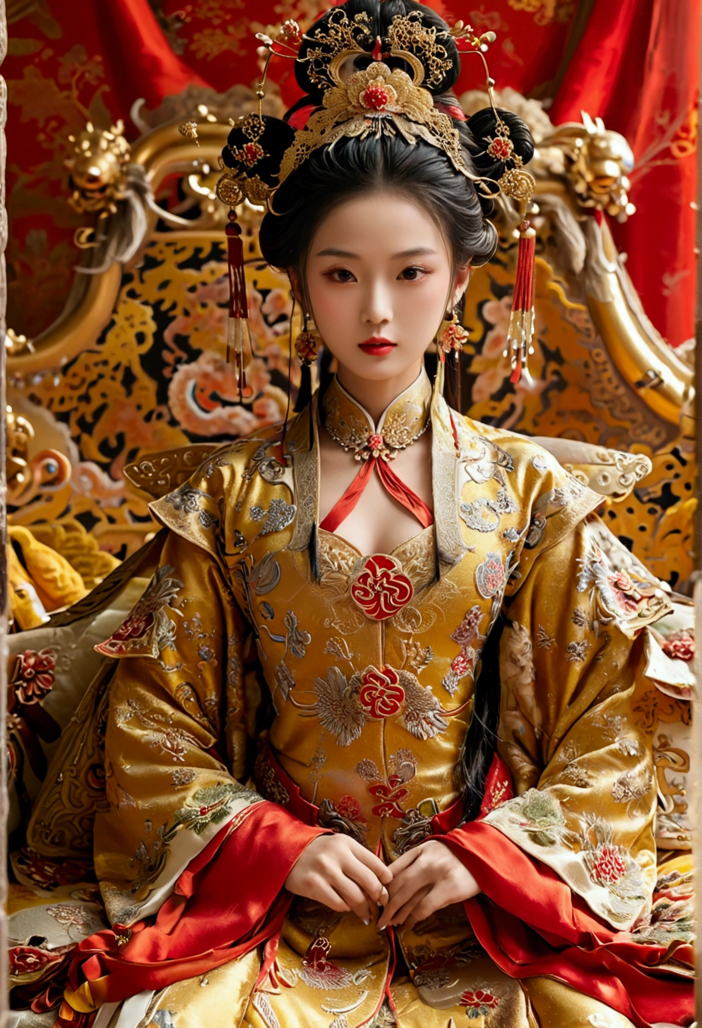 A gorgeous empress from the Chinese imperial court during the Qing Dynasty, fully naked on a large golden sofa, spreading one's legs open wide with knees bent,creating the shape of the letter M(Porn Pose) A gorgeous Chinese imperial empress with her hair tied on both sides and wearing a crown、Background of kinky and erotic woman tying her hair、The story is set in the luxurious rooms of an empress in the Chinese imperial court during the Qing dynasty.。