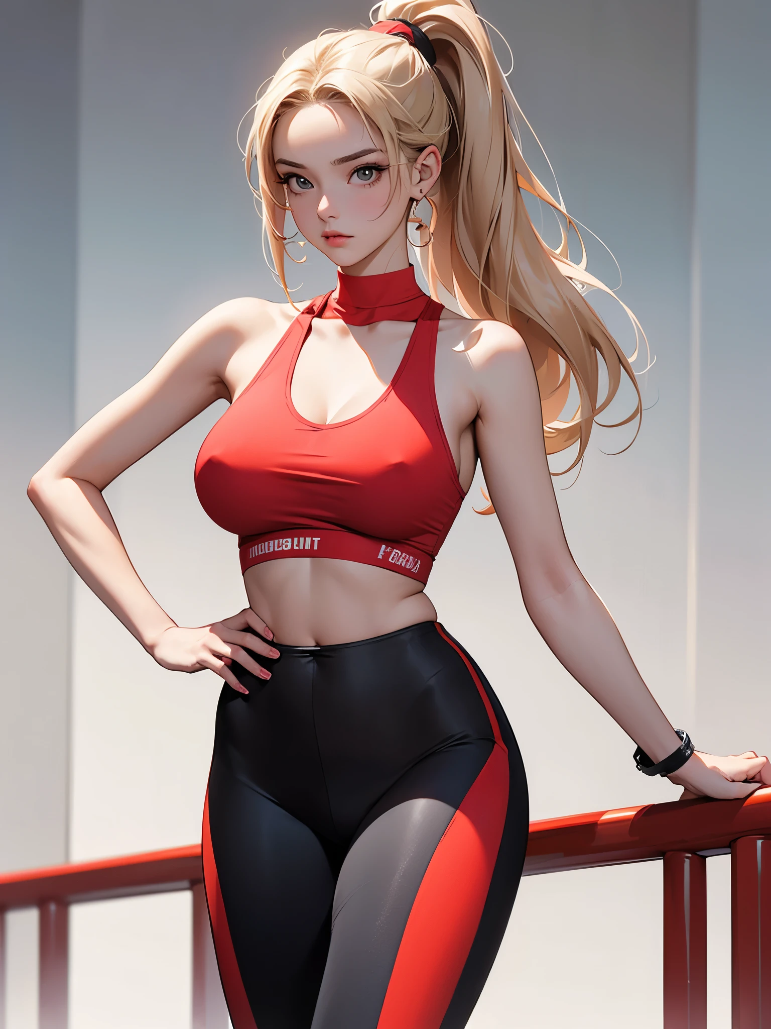 A fit young woman in her 20s wearing a bright red sports bra and black leggings. She has long, straight blonde hair tied in a high ponytail. Her expression is determined, huge boobs,she is walking. 정면을 응시한다