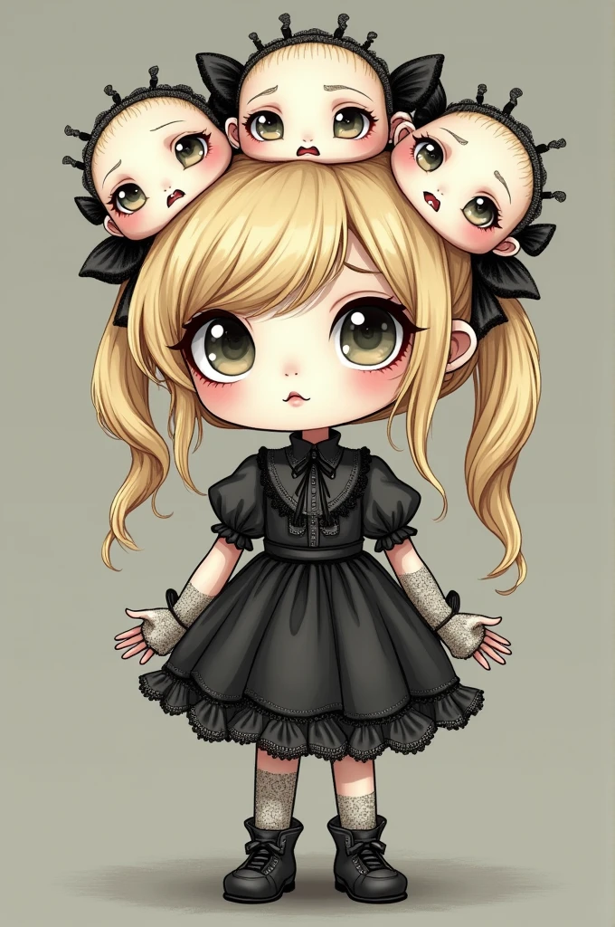 Gothic ta, 3 head, blond German, cartoon drawing, upright, arms rough.