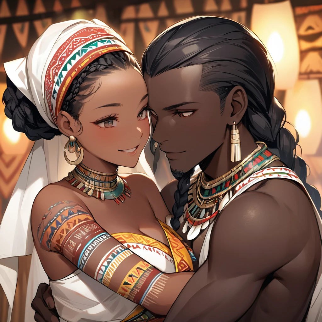 ((Highest quality)), ((masterpiece)), (detailed), (Perfect Face)、The woman is wearing a tribal wedding dress and is happily embracing a tribal man at their wedding.、The woman has bright black skin、(Ghana braids with strong curly hair slicked back)、Black, dark skinned, African native tribal woman、The amount of hair is small、Black Hair、Very short curly hair、Ghana braid hair, finely and delicately braided into Ghana braids and slicked back、Her hair is braided and thin, and she wears a tribal headdress and a tribal headscarf.、African black woman beautifully dressed in tribal clothing, tribal earrings and tribal accessories, wearing tribal makeup、A beautiful tribal woman with tattoos all over her body、Women in tribal village night rituals、The woman's hair is dyed black by the other women in the village and styled like an African woman's.