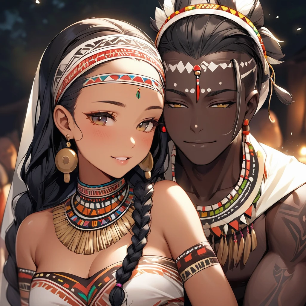 ((Highest quality)), ((masterpiece)), (detailed), (Perfect Face)、The woman is wearing a tribal wedding dress and is happily embracing a tribal man at their wedding.、The woman has bright black skin、(Ghana braids with strong curly hair slicked back)、Black, dark skinned, African native tribal woman、The amount of hair is small、Black Hair、Very short curly hair、Ghana braid hair, finely and delicately braided into Ghana braids and slicked back、Her hair is braided and thin, and she wears a tribal headdress and a tribal headscarf.、African black woman beautifully dressed in tribal clothing, tribal earrings and tribal accessories, wearing tribal makeup、A beautiful tribal woman with tattoos all over her body、Women in tribal village night rituals、The woman's hair is dyed black by the other women in the village and styled like an African woman's.