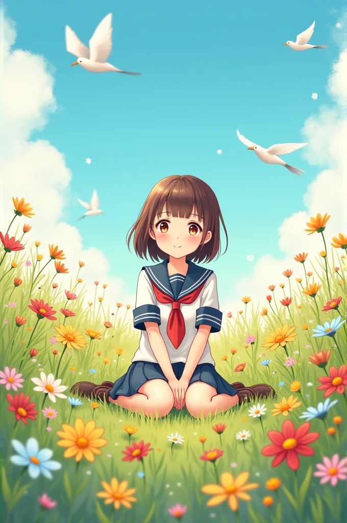 A high school girl sitting in a flower-filled meadow、The season is spring、Wearing a uniform、There are birds flying around、Warm spring light、The sky is blue、Cute atmosphere illustration