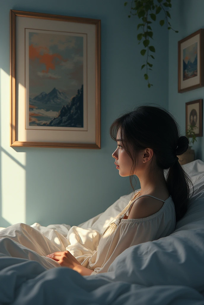 Girl's gaze drifting to the framed poster hanging on the wall from her bed