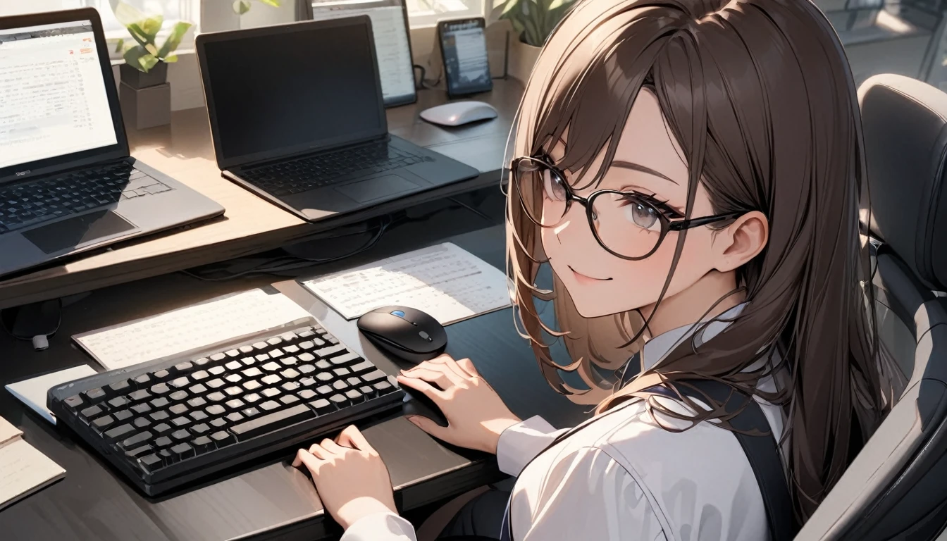 パソコンで仕事をするProfessionalグラマー,Portraiture,Professional,Wearing a smart suit,Stylish glasses,Typing on a sophisticated computer,Use a wireless mouse,Sitting at a modern desk,A soft smile,Soft natural light,High resolution,High resolution,Very detailed.One Woman ,alone, Dark brown hair ,Undistorted keyboard, focusing