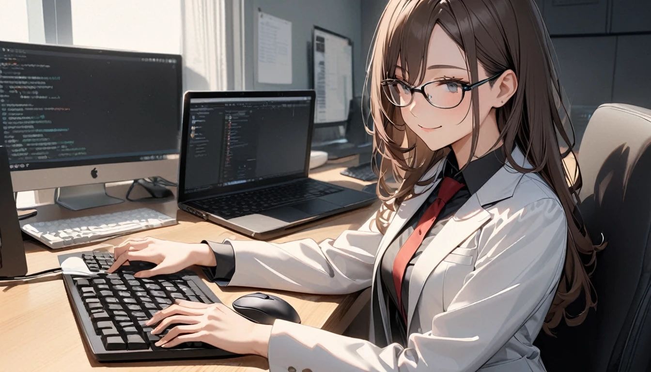 パソコンで仕事をするProfessionalグラマー,Portraiture,Professional,Wearing a smart suit,Stylish glasses,Typing on a sophisticated computer,Use a wireless mouse,Sitting at a modern desk,A soft smile,Soft natural light,High resolution,High resolution,Very detailed.One Woman ,alone, Dark brown hair ,Undistorted keyboard, focusing
