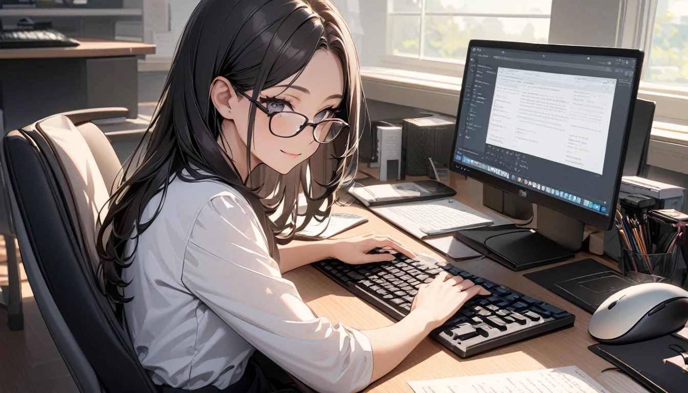 パソコンで仕事をするProfessionalグラマー,Portraiture,Professional,Wearing a smart suit,Stylish glasses,Typing on a sophisticated computer,Use a wireless mouse,Sitting at a modern desk,A soft smile,Soft natural light,High resolution,High resolution,Very detailed.One Woman ,alone, Beautiful black hair ,Undistorted keyboard, focusing