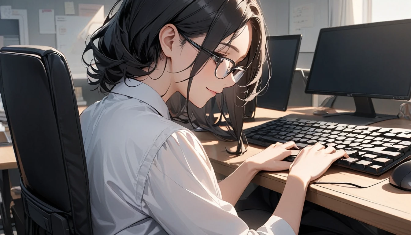 パソコンで仕事をするProfessionalグラマー,Portraiture,Professional,Wearing a smart suit,Stylish glasses,Typing on a sophisticated computer,Use a wireless mouse,Sitting at a modern desk,A soft smile,Soft natural light,High resolution,High resolution,Very detailed.One Woman ,alone, Beautiful black hair ,Undistorted keyboard, focusing