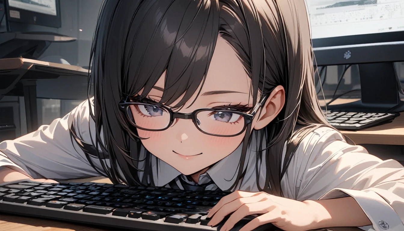 パソコンで仕事をするProfessionalグラマー,Portraiture,Professional,Wearing a smart suit,Stylish glasses,Typing on a sophisticated computer,Use a wireless mouse,Sitting at a modern desk,A soft smile,Soft natural light,High resolution,High resolution,Very detailed.One Woman ,alone, Beautiful black hair ,Undistorted keyboard, focusing