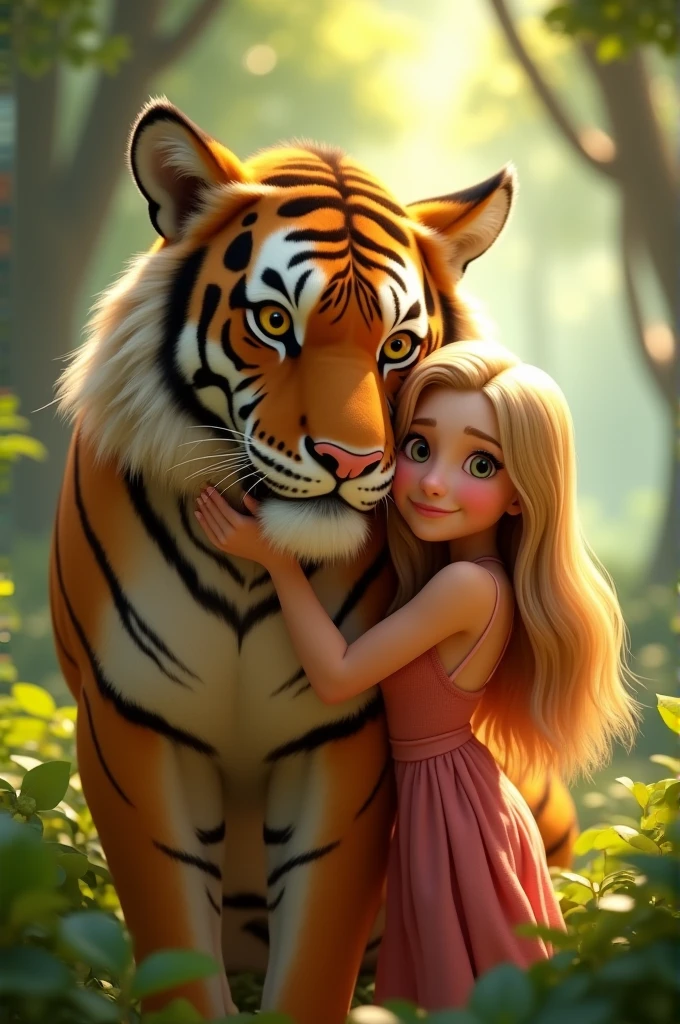create a pixar-style image of a blonde woman, straight hair, hugging a tiger