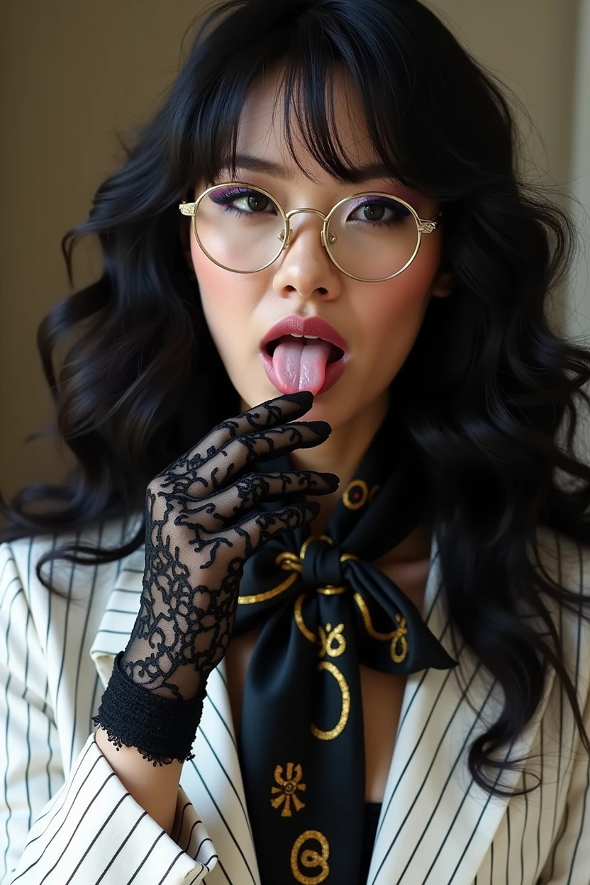 With long, curly black hair、Heavy makeup and purple eyeshadow、Dark eyeliner、Around her neck she wears a ribbon-shaped satin black and gold chain patterned scarf.、Wearing gold-rimmed glasses、Wearing long gloves made of black rose lace、A Japanese woman in her 40s wearing a striped white suit is licking her fingers obscenely with her tongue