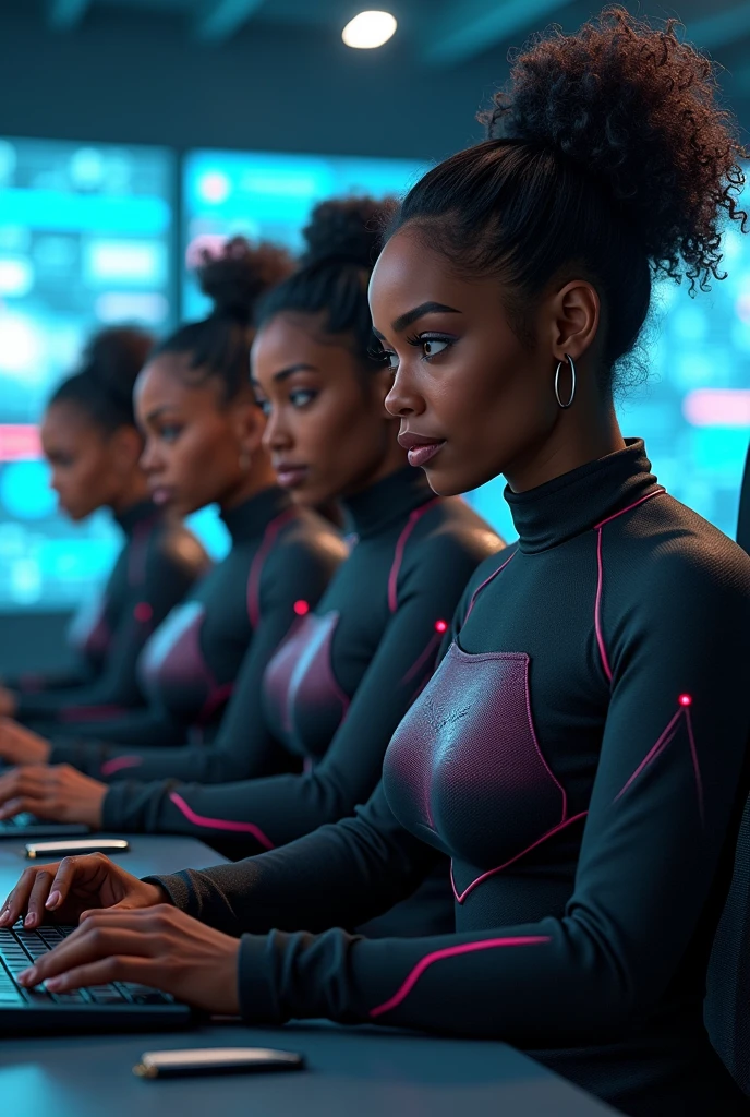 Imagine 5 black women cybersecurity analysts but are wearing superhero uniform In front of computers