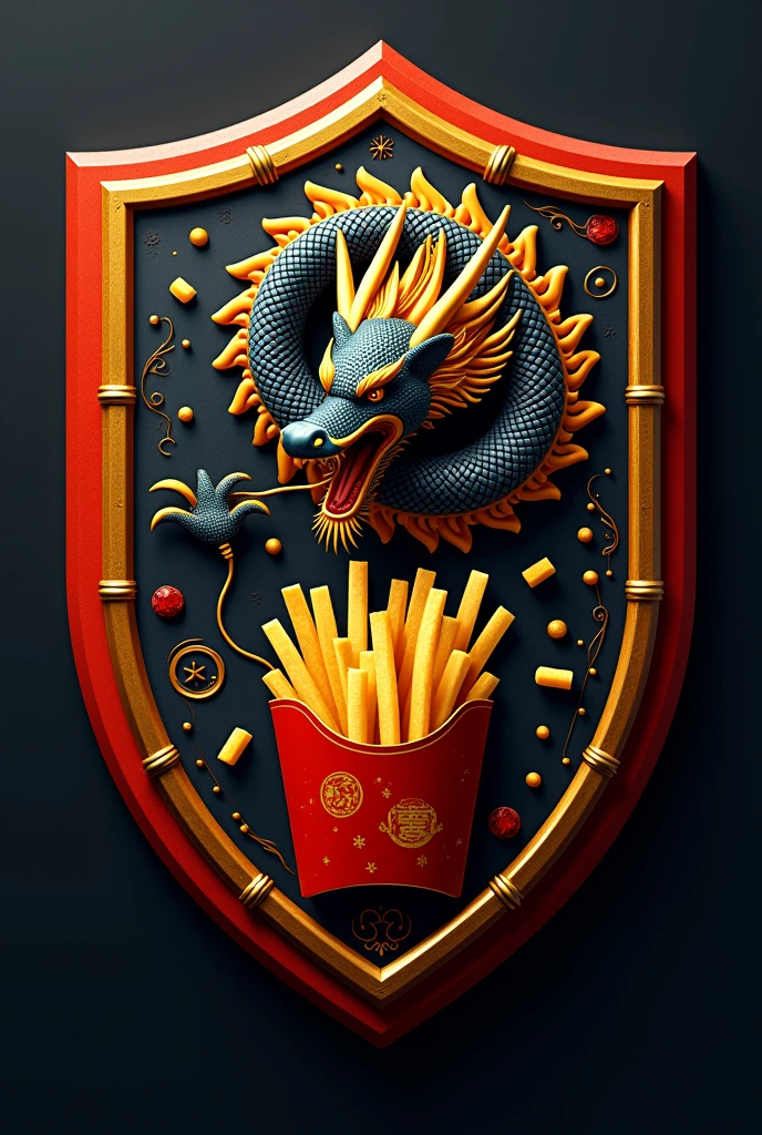 Make a team shield with the symbol being a Chinese dragon eating French fries and it has to match the colors black, red and yellow