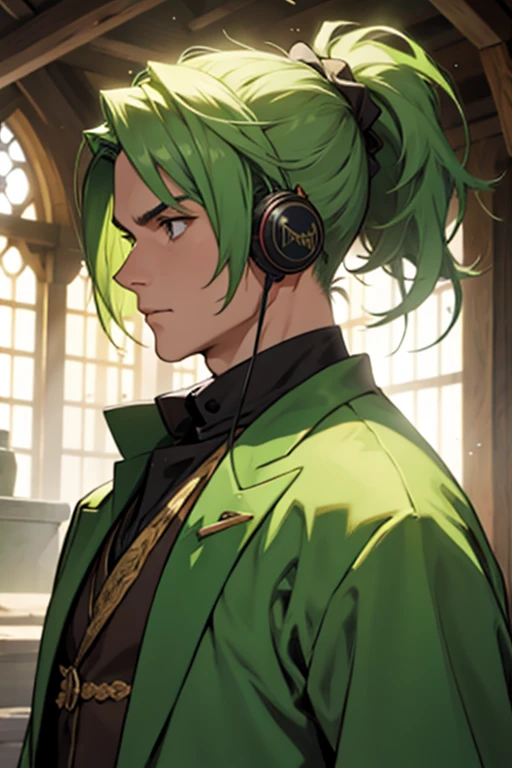 Green Hair、ponytail、Man wearing headphones、Medieval European aristocratic suit、