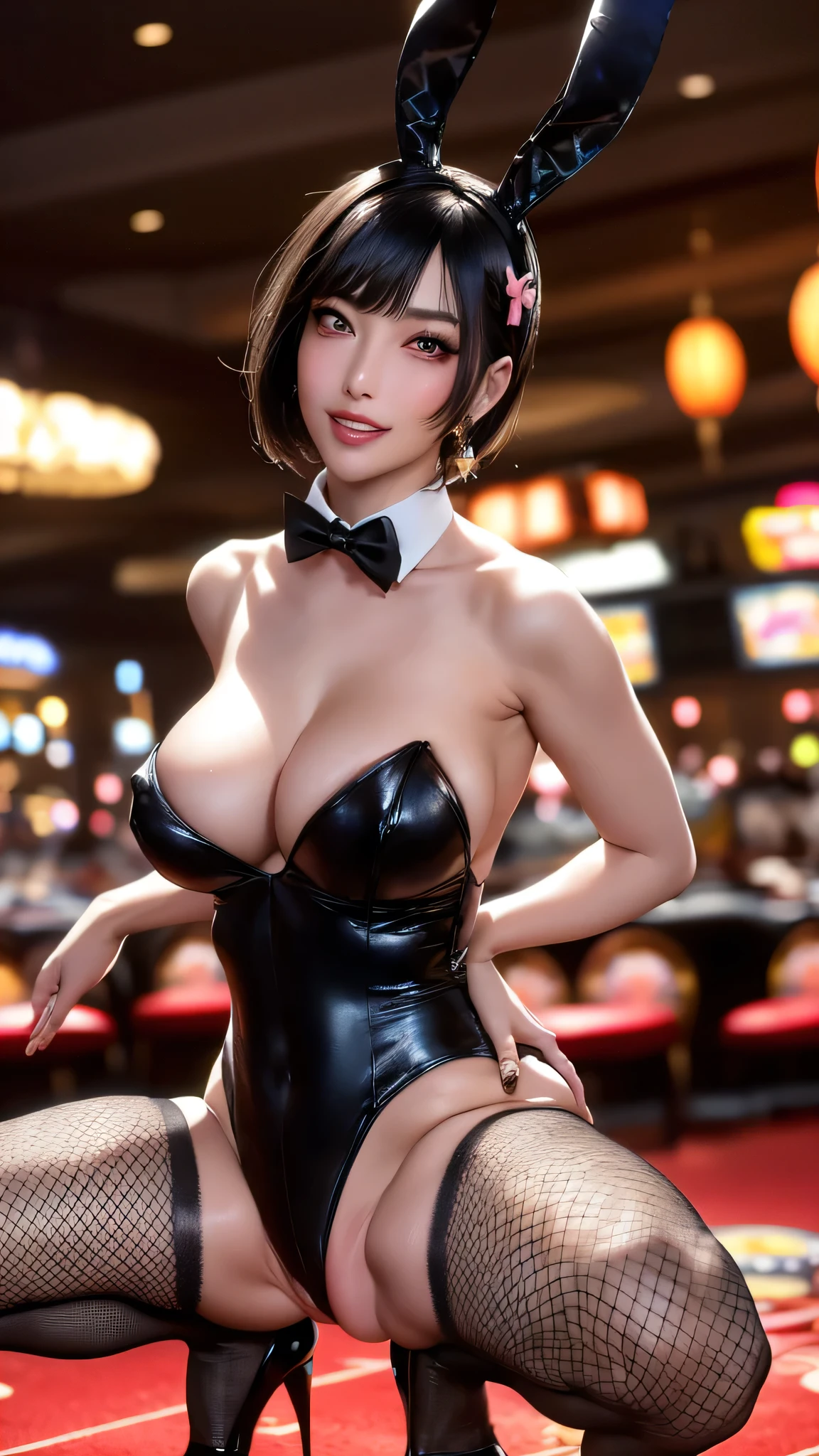 (Highest quality), Realistic, (live-action, Intricate details), ((Japanese woman squatting in a casino, Model body type,Place your arms between your legs)), ((Playboy Bunny, Bunny ears, black Bunny ears, fake Bunny ears, pantyhose, black pantyhose, bow tie, Wrist cuff, Black risqué leotard)), ((:1.4)), (Short black hair:1.3, Short bangs), (neat face, Lips parted), Whiter skin, hard lighting:1.3, Roulette table, Slot Machines, Full Body Shot,Stick your butt out,Ass Focus,Sadistic smile,Fishnet stockings,There is a mole near the mouth,((Puff puff))