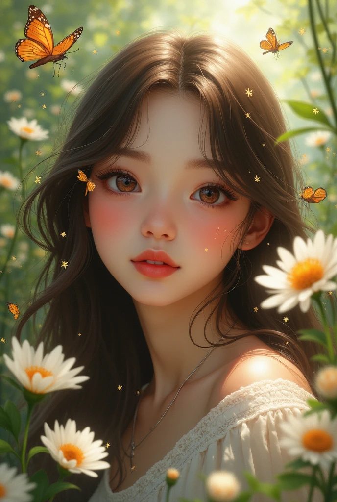 (best quality,high resolution:1.2),Extremely detailed,Practical,portrait,Girl in the garden,Greenery,Beautiful and delicate eyes,Beautiful and delicate lips,Long eyelashes,Soft lighting,Soft tones,Peaceful atmosphere,breeze,subtle rays of sunlight,Long flowing brown hair,Butterflies flying around,dewdrops on flowers,Expressing peace and joy.