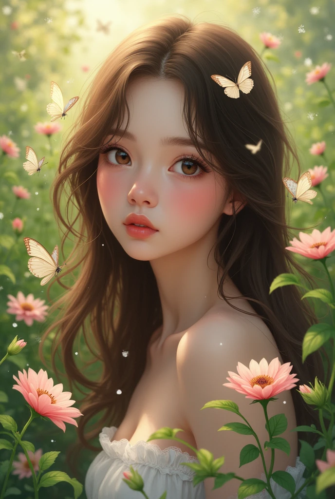 a beautiful young Korean Thai woman with a cute face without clothes, long straight hair decorated with circular flowers, there is a flower tattoo on the woman&#39;s chest, there is a butterfly that glows softly, beautiful, colorful, glows softly. which flies to find food in a flower, surrounded by colorful oil paintings, artistic style of small stems creeping around in circles, bright pastel background . Realistick HD
