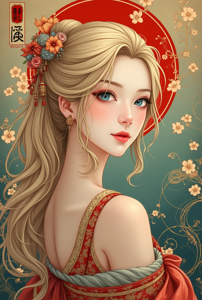 there is a painting of a woman with a geisha-style hair, blonde hair, blue eyes, tall nose, inspired by Tsukioka Yoshitoshi, shigenori soejima illustration, in the art style of ukiyo - e, onmyoji portrait, inspired by Yoshitoshi ABe, anime art nouveau, korean art nouveau anime, sengoku - era art style, shikishi