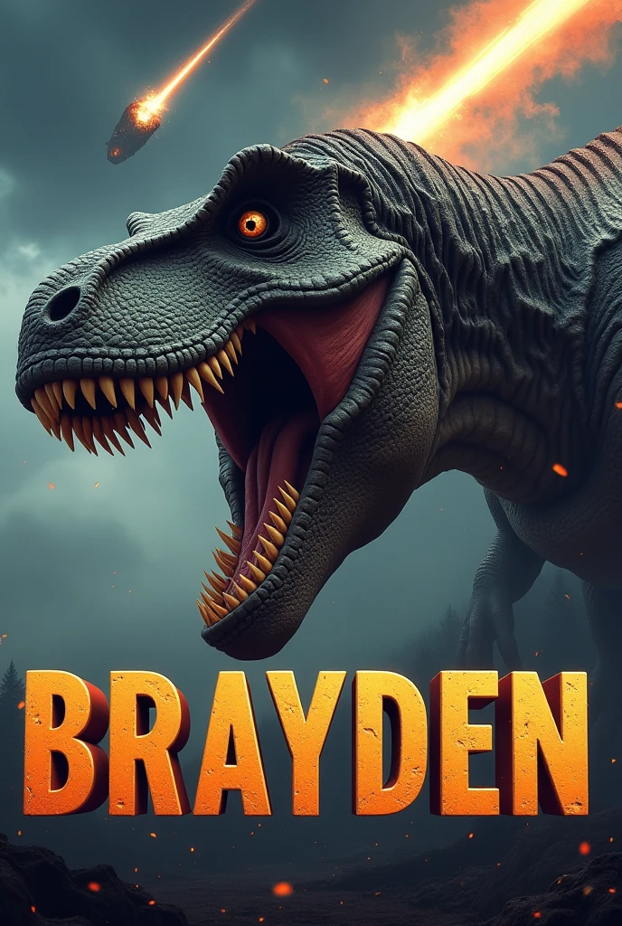 Generate the head of a roaring dinosaur and below that there is a text with the name Brayden Let the dinosaur be ultra realistic and the text large , Also that a meteorite is falling